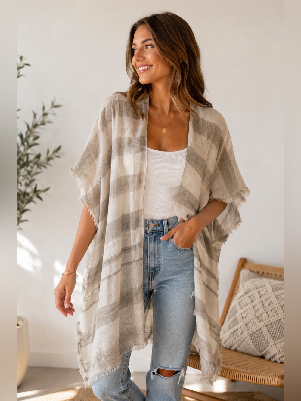 Neutral Striped Open Front Kimono Lightweight Lagenlook Beige Taupe Wrap